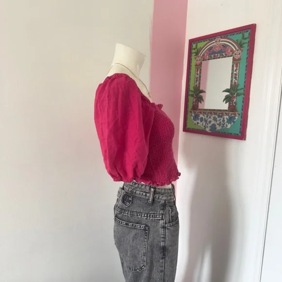 Universal Thread Fuchsia Pink Ruched Puff Sleeve Crop Top - Picture 3 of 6